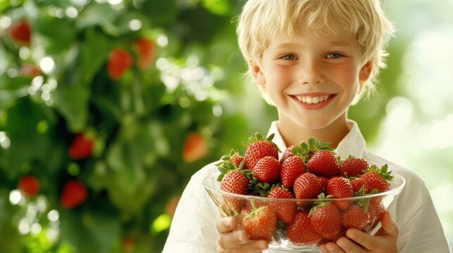 A happy young boy holds a bowl of juicy, ripe strawberries, smiling at the viewer.