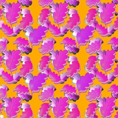 Colorful floral pattern with pink leaves on vibrant yellow background  