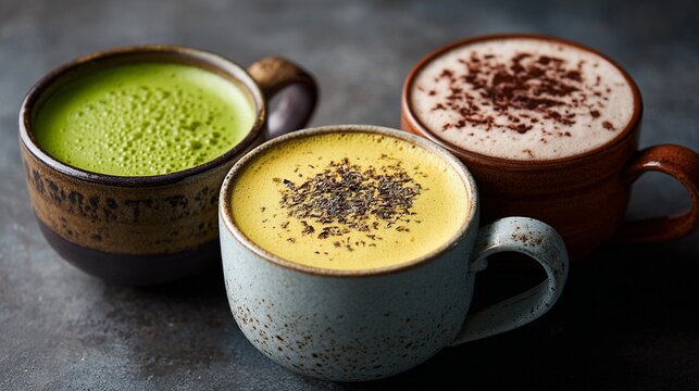Vibrant wellness elixirs showcase artisan ceramic mugs with green matcha, golden turmeric latte, and rich mocha against moody textured background