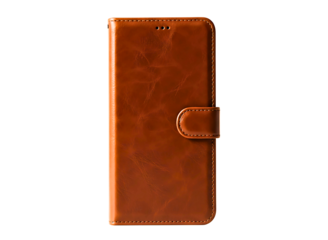 Brown leather flip wallet phone case isolated on transparent background