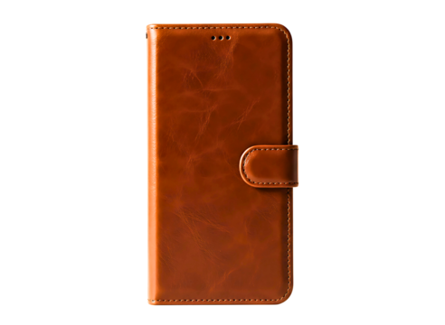 Brown leather flip wallet phone case isolated on transparent background