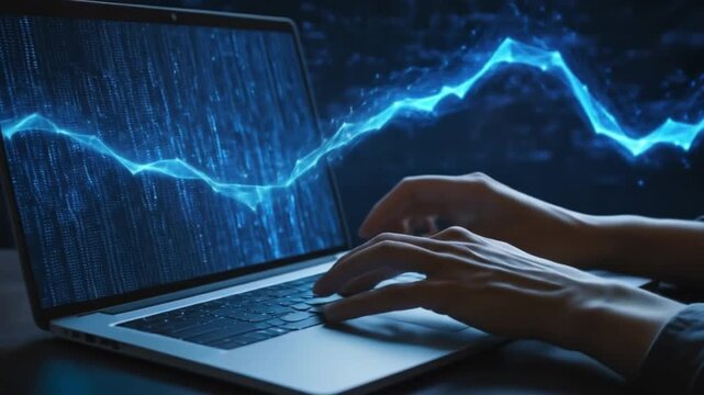 A developer typing on a laptop with abstract digital code, programming, and a glowing blue data stream representing cybersecurity technology. 4k video