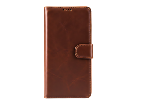 Brown leather flip wallet phone case isolated on transparent background