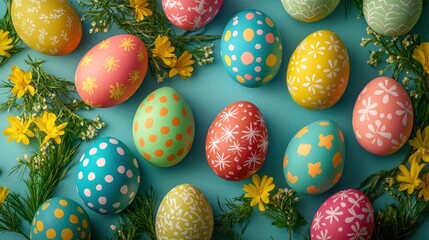 A colorful arrangement of Easter eggs with floral patterns on a blue background.