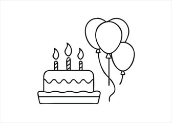A detailed continuous single line drawing art of a festive birthday cake with decorative elements and candles isolated on white background