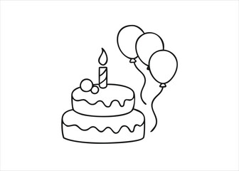 A delicate single line drawing captures the essence of a festive birthday cake with celebratory elements isolated on white background