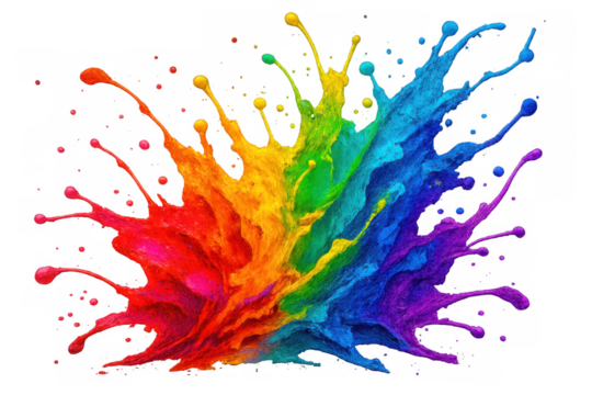 Rainbow colored paint splashing, creating an explosion of vibrant colors on a transparent background
