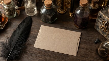 Vintage apothecary scene with blank kraft paper card, dark feather, and antique glass bottles creating a mysterious alchemical workspace atmosphere