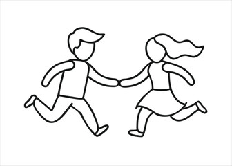 Artistic continuous single line drawing depicting a boy and girl engaged in a joyful running motion isolated on white background