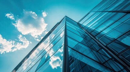 Obraz premium A modern glass skyscraper with a blue sky and white clouds as its background.