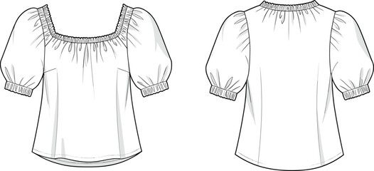 Puff sleeve square neck blouse flat sketch with gathered neckline, short sleeves and elastic cuffs, vector fashion illustration drawing © Siam Creatives