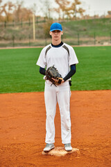 Obraz premium Skilled teenage boy on baseball field ready to pitch during a sunny afternoon game