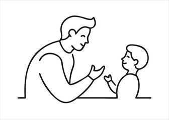 A minimalist single continuous line drawing depicting a young father gently holding and comforting his infant child in a tender embrace isolated on white background