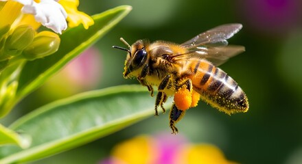 Wings of Summer: A Honeybee in Mid-Flight, Laden with Pollen on a Vibrant Flower