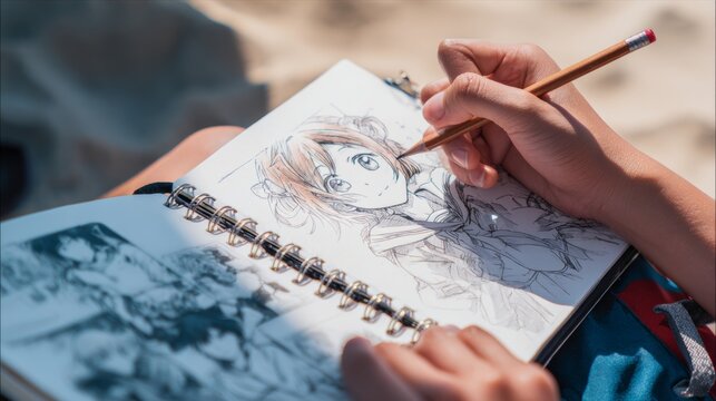 Close-up of a hand holding a pencil. An artist draws an anime comic on vacation, on the beach. Manga. Anime