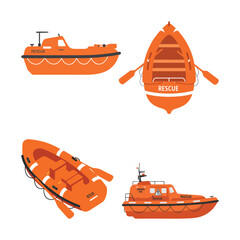 Flat vector of a lifeboat with visible paddles and rescue signage, water transportation vehicle