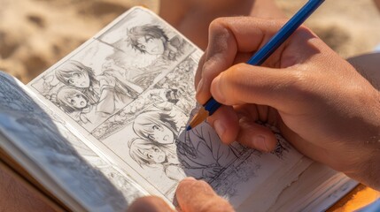 Close-up of a hand holding a pencil. An artist draws an anime comic on vacation, on the beach. Manga. Anime