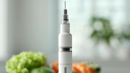A white injector pen stands upright on a kitchen counter. Weight loss injections. The scene emphasizes health and diabetes managemen