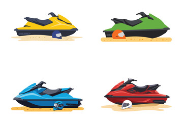 Flat illustration of a jetski with a helmet placed nearby, water transportation vehicle