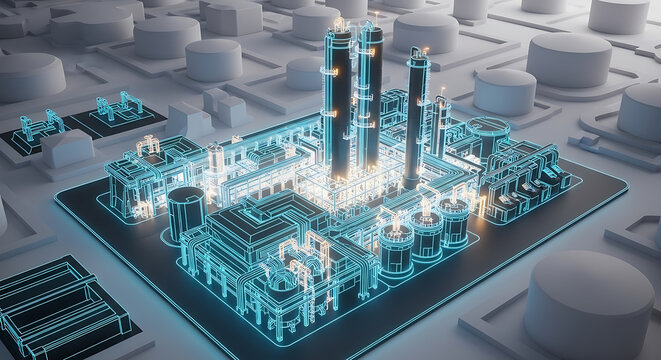 Abstract futuristic rendering showcases a digitally designed industrial complex with vibrant blue