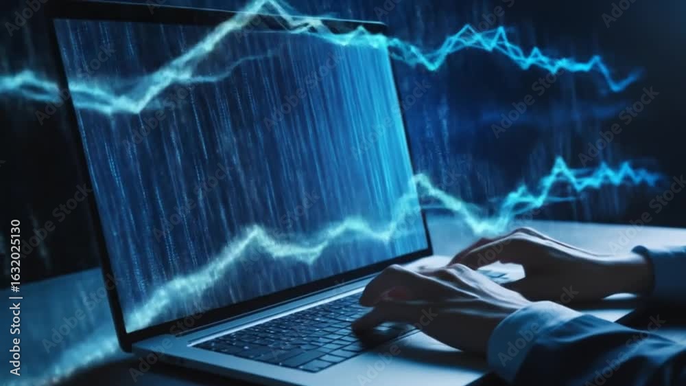 Wall mural a developer typing on a laptop with abstract digital code, programming, and a glowing blue data stre