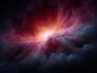 Vibrant cosmic nebula with radiant red and pink hues, surrounded by dark clouds, resembling gamma ray burst in deep space