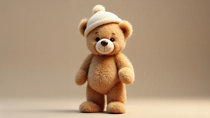 The central place in the photo is occupied by a cute light brown teddy bear.
On the bear's head is a knitted cap of cream or light beige color with a pompom on top.
The bear has a kind and smiling exp