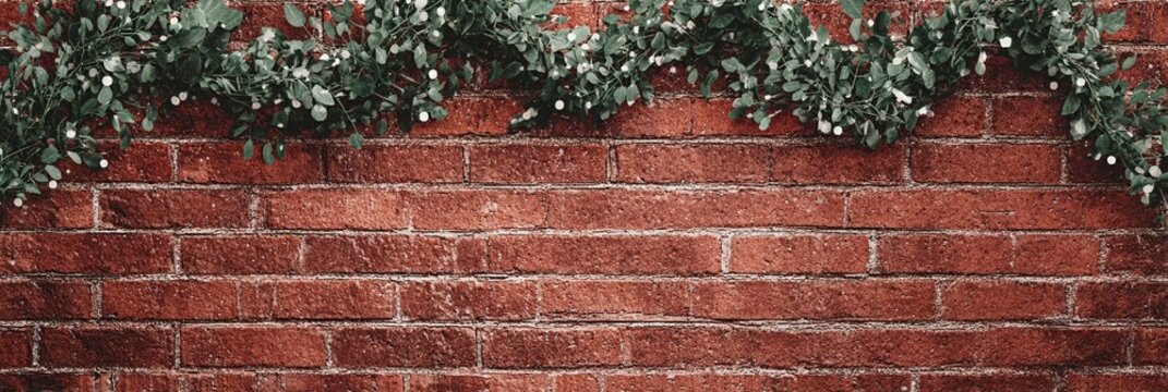 Rustic red brick wall adorned with lush green ivy tendrils, creating a textured backdrop of weathered masonry and vibrant botanical growth against an aged architectural surface.