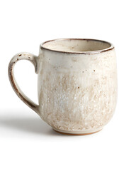 Creamy off-white ceramic mug with rustic texture and simple handle, exuding cozy charm, isolated on white background.