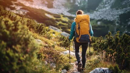 A hiker with a yellow backpack hiking on a mountain trail with a backpack and hiking poles.