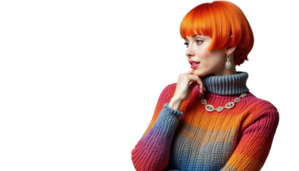 Vibrant orange-haired woman in colorful sweater showcasing expressive pose against white backdrop