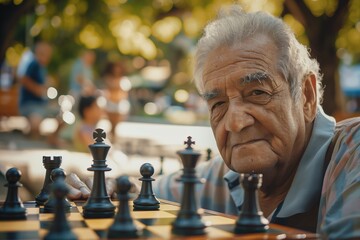 An elderly man enjoys a game of chess in a sunny park, showcasing wisdom and strategy in a tranquil setting.