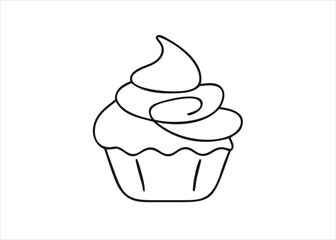 A single black continuous line drawing of a delicious cupcake with frosting and sprinkles isolated on white background