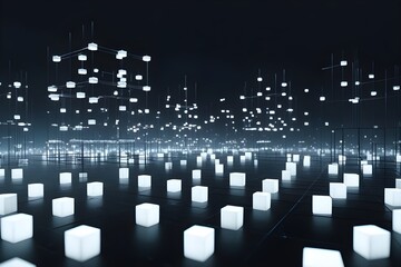 Integration of AI and blockchain networks with luminous 3D cubes and connections