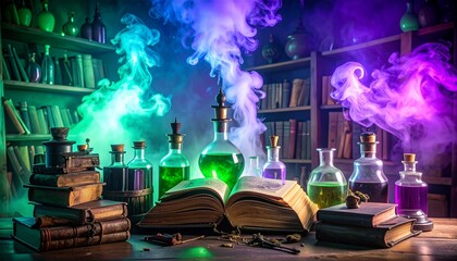 Fantasy Halloween potion lab with glowing ghost smoke