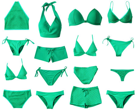 2 Set collection of turquoise blue green two piece swimwear swimsuit, triangle bikini, tankini, halter bra, top bottom on transparent cutout PNG. Many different style. Mockup template for design 