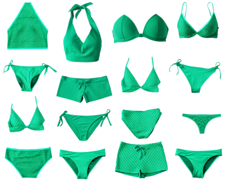 2 Set collection of turquoise blue green two piece swimwear swimsuit, triangle bikini, tankini, halter bra, top bottom on transparent cutout PNG. Many different style. Mockup template for design 
