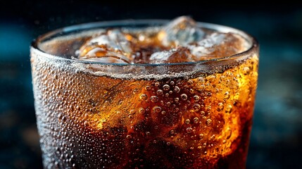Refreshing cola with ice cubes glistening with condensation, capturing the crisp and cool essence of a perfectly chilled carbonated beverage against a dark background