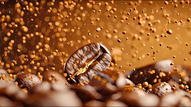 Floating coffee beans with coffee powder particles in a warm background.