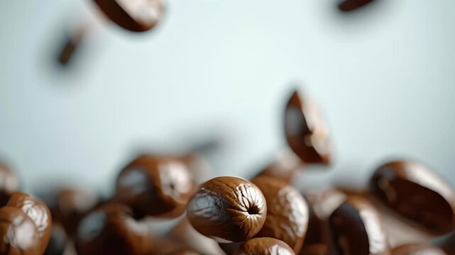 Close-up of floating espresso coffee beans against a light background.
