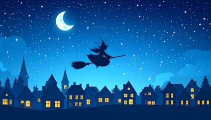 Silhouette of witch flying over village under starry sky