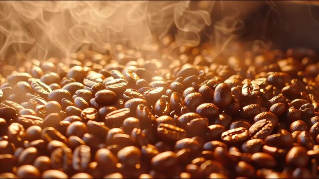 Close-up of freshly roasted coffee beans with steam.