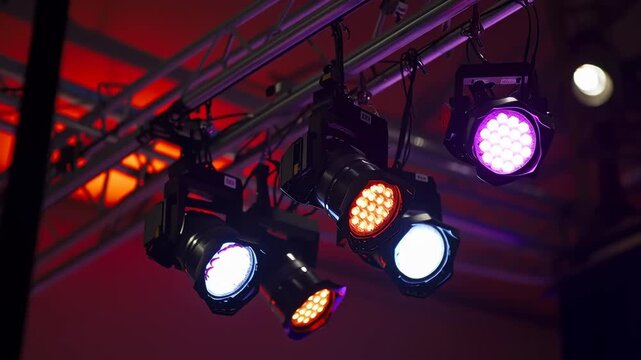 Stage lighting with spotlights being installed on aluminum concert stage	
