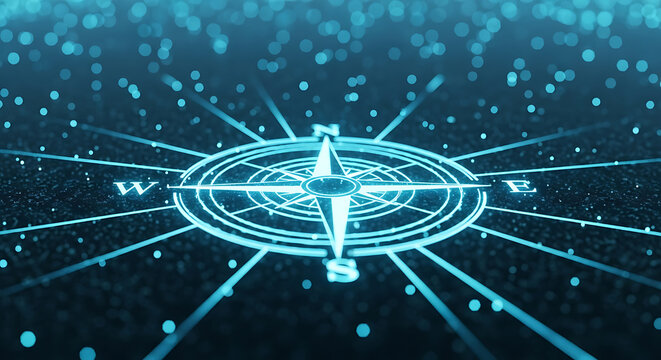 Digital compass rose illuminated with teal light against a bokeh particle backdrop - Powered by Adobe
