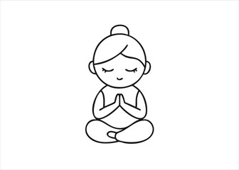 Charming young female character in serene meditation posture with eyes gently closed and hands together in prayer isolated on white background