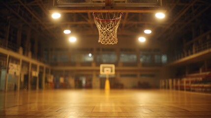 Indoor basketball court with wooden floor and clear lines, single hoop with net in foreground, ambient golden lighting,