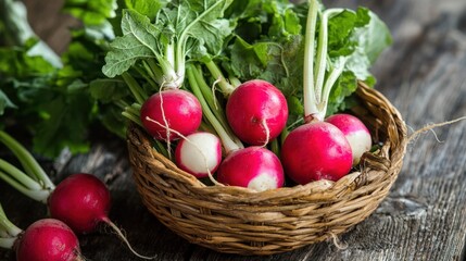 Fresh radishes in a wicker basket on a rustic wooden table.