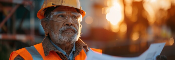 An experienced construction worker reviewing blueprints at sunset, showcasing dedication and expertise in his craft.