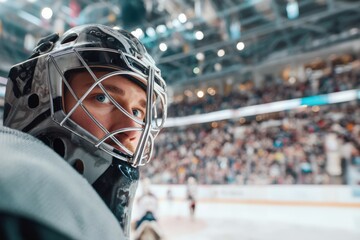 A close-up of a hockey goalie in a helmet, focused on the game. The arena is packed with a vibrant crowd