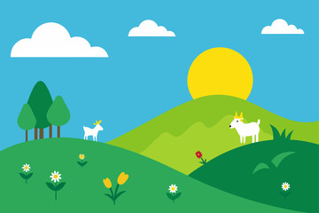 Fototapeta premium sunny hill goats wildflowers meadow